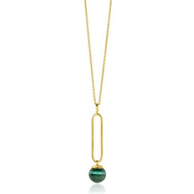 ZINZI gold plated zilveren ketting met lange ovale hanger en bungelende groene cateye in bolvorm 40-45cm ZIC2420
