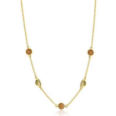 ZINZI gold plated zilveren collier 45cm met speelse vormen, bezet met bruine en olijfgroene kleurstenen ZIC2770