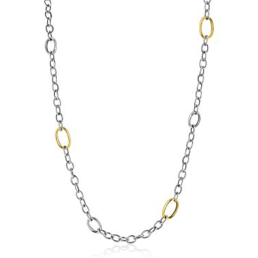 ZINZI bicolor zilveren schakelketting 70cm met drie ovale goldplated schakels ZIC2785