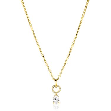 ZINZI gold plated zilveren ketting 45cm met open rondje witte zirconia's en peervormige hanger ZIC2796