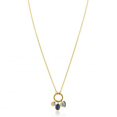 ZINZI gold plated zilveren ketting met ronde sluitring en drie luxe bedels 42-45cm ZIC2737