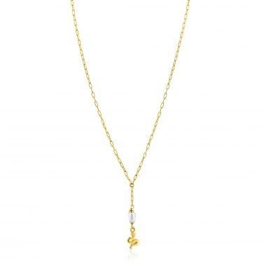 ZINZI gold plated zilveren paperclip Y-collier met witte zoetwaterparel en slang ZIC2761