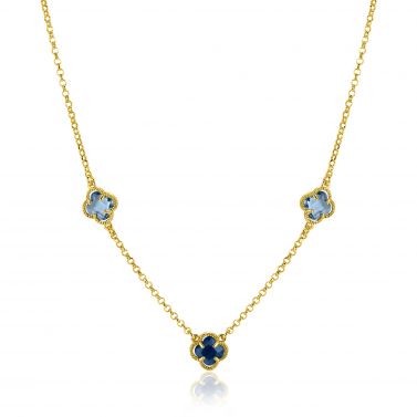 ZINZI gold plated zilveren schakelketting met twee lichtblauwe klavers en een donkerblauwe klaver 42-45cm ZIC2662B
