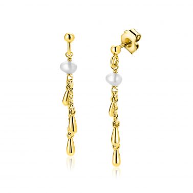 37mm ZINZI gold plated zilveren oorstekers met druppels en witte zoetwaterparels ZIO2753