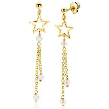 53mm ZINZI goldplated zilveren oorstekers met opengewerkte ster, hangende kettinkjes en witte parels ZIO2780