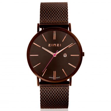 ZINZI Retro horloge bruin gekleurde wijzerplaat met rosé wijzers en bruine stalen mesh band 38mm extra dun ZIW415M
