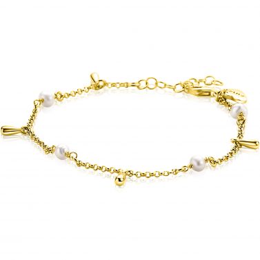 ZINZI gold plated zilveren armband met witte zoetwaterparels en druppeltjes ZIA2753