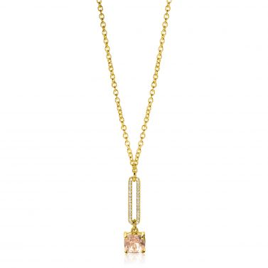 ZINZI gold plated zilveren jasseron ketting met schitterende open ovale vorm en vierkante hanger in licht roze 42-45cm ZIC2579

