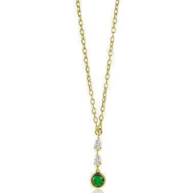 ZINZI gold plated zilveren schakelketting met hanger (31mm) bezet met twee peervormige witte zirconia's en een ronde groene kleursteen 40-45cm ZIC-BF69G