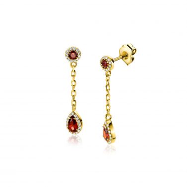 25mm ZINZI gold plated zilveren oorstekers met schakelkettinkje en druppelvormige rood granaat kleursteen en witte zirconia's ZIO2560