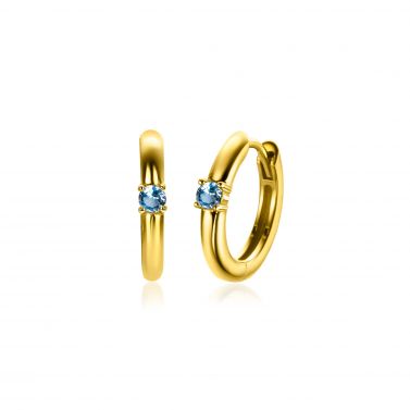 DECEMBER oorringen 13mm gold plated met geboortesteen blauw topaas zirconia
