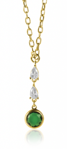 ZINZI gold plated zilveren schakelketting met hanger (31mm) bezet met twee peervormige witte zirconia's en een ronde groene kleursteen 40-45cm ZIC-BF69G