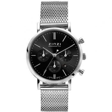 ZINZI horloge CHRONOGRAPH 34mm zwarte wijzerplaat met datum en chronometers, stalen kast, stalen mesh band 18mm ZIW1501
