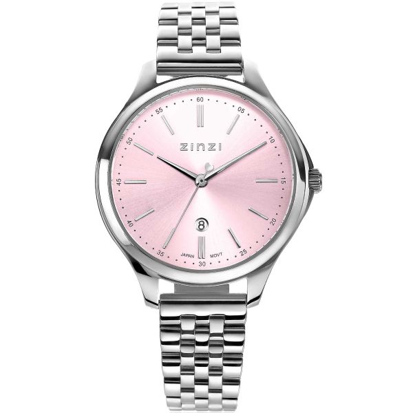 ZINZI Classy horloge 34mm roze wijzerplaat stalen kast en band datum ZIW1041