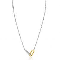 ZINZI zilveren schakelketting met twee verbonden ovale schakels: één gold plated, de ander bezet met witte zirkonia's 42-45cm ZIC2758