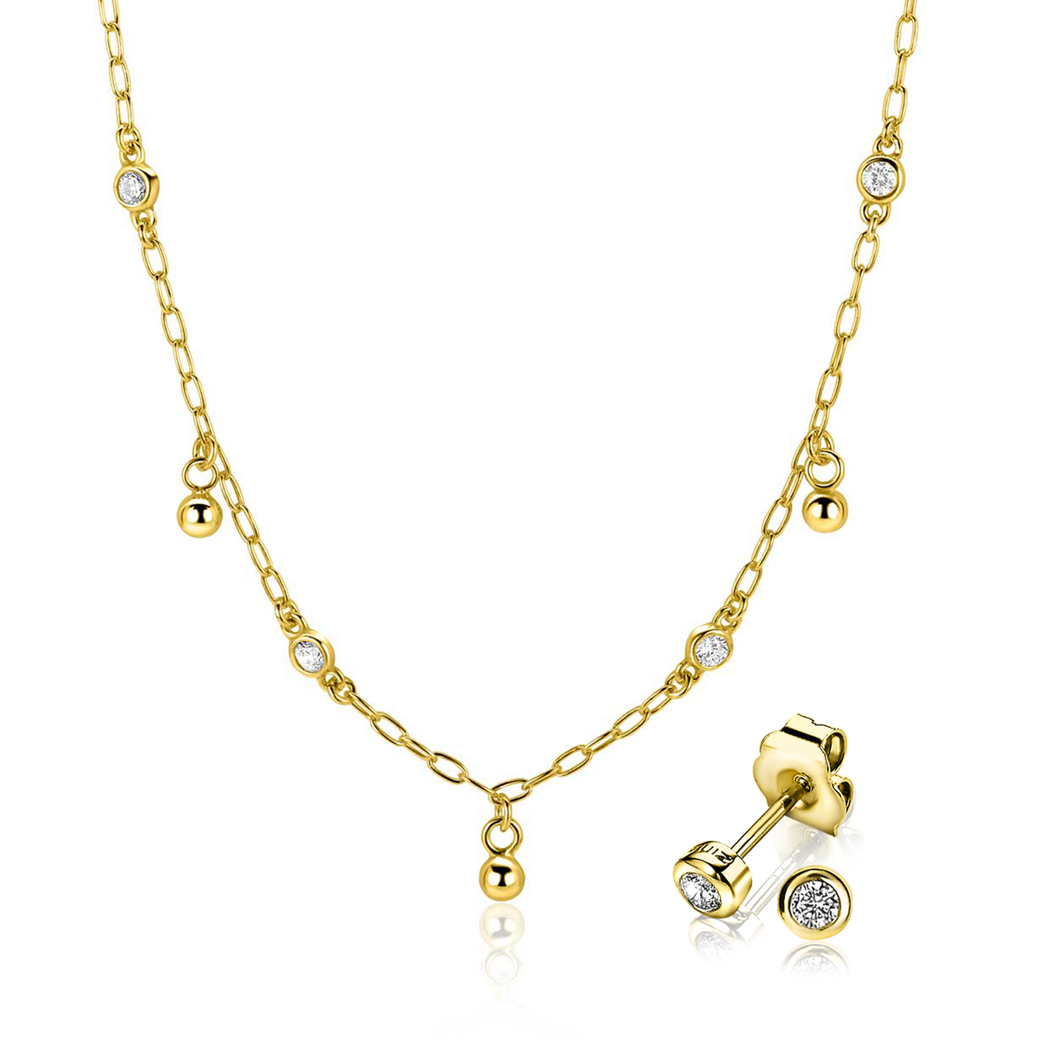 Giftset: Een prachtige goldplated zilveren schakelketting 45cm met bijpassende oorknoppen bezet met wit zirkonia. Eén complete look, één giftset.(ZIO1177G, ZIC2658).