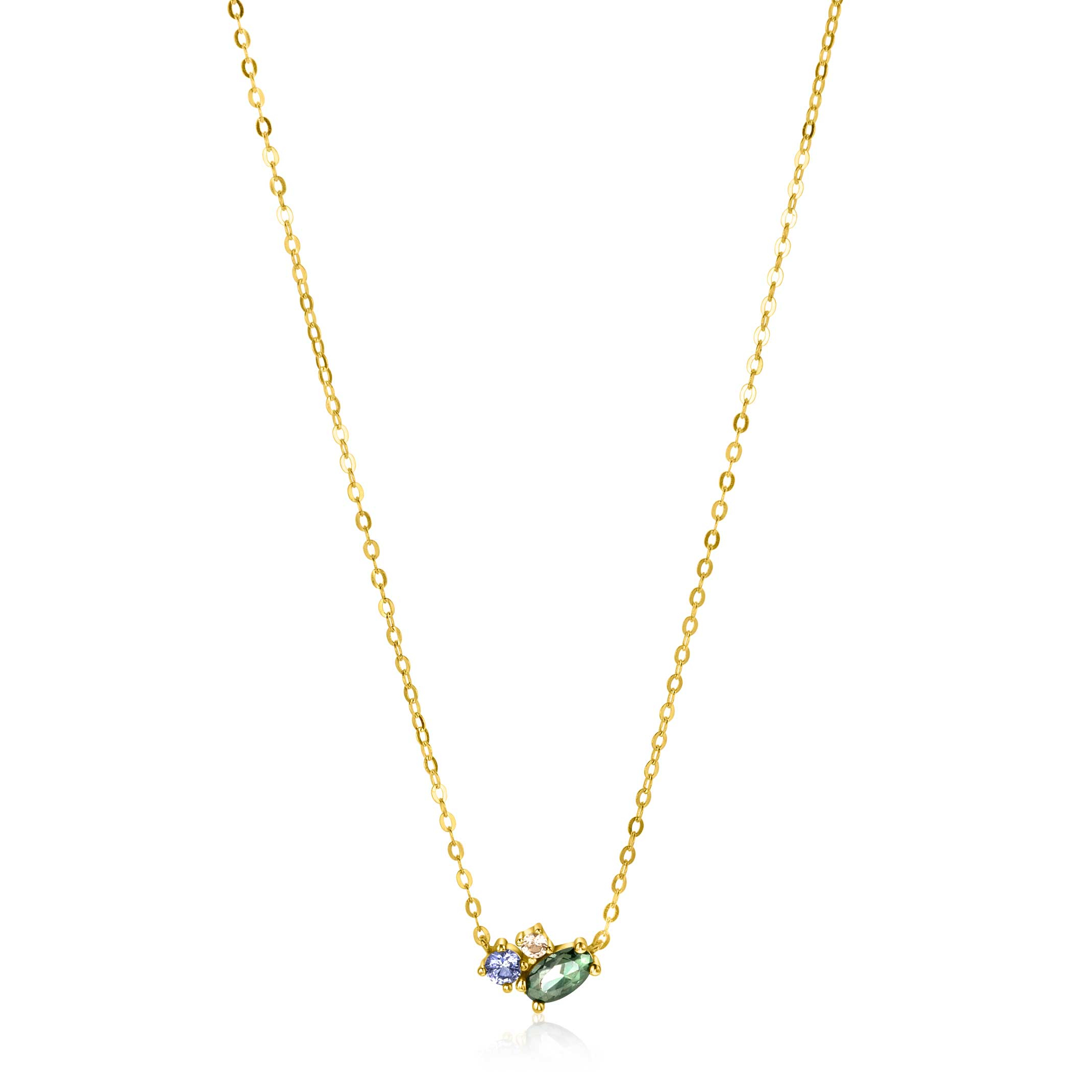 ZINZI Gold 14 krt gouden ketting 45cm, in het midden bezet met fijne groene, blauwe en champagne zirconia's ZGC379