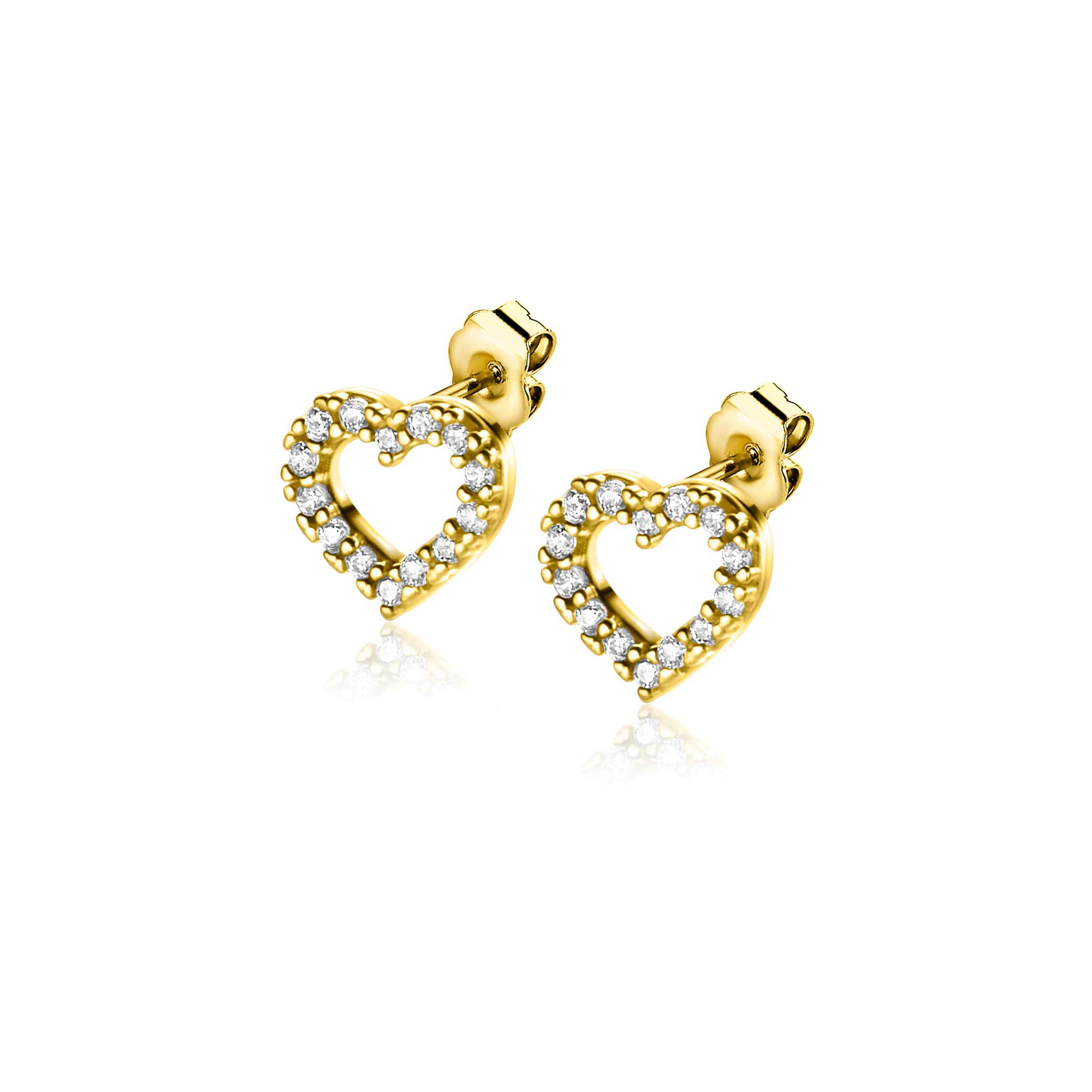 7mm ZINZI Gold 14 krt gouden oorknoppen open hartje bezet met witte zirconia's ZGO450
