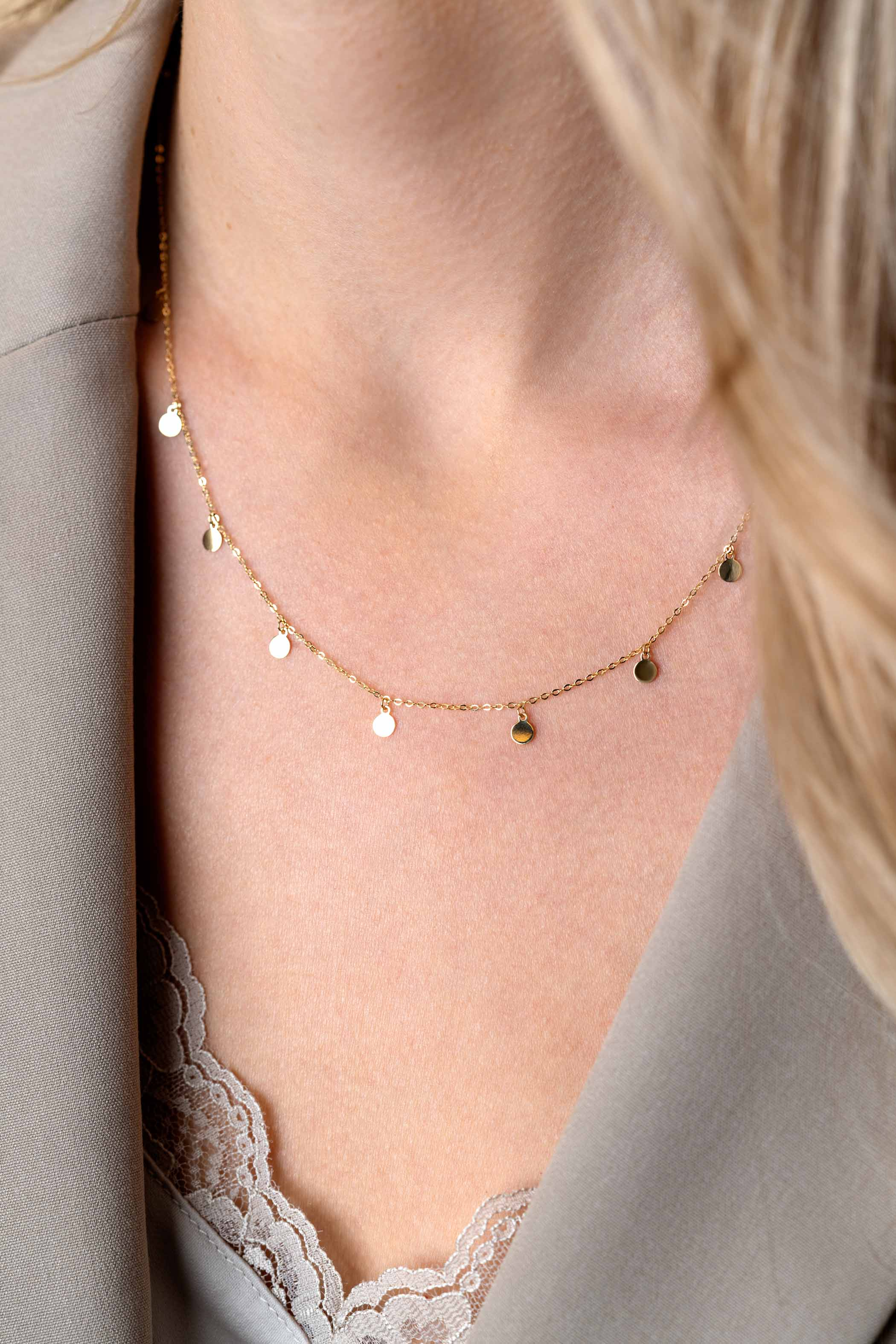 ZINZI Gold 14 karaat gouden massieve ketting met 9 bungelende rondjes 40-45cm ZGC488
