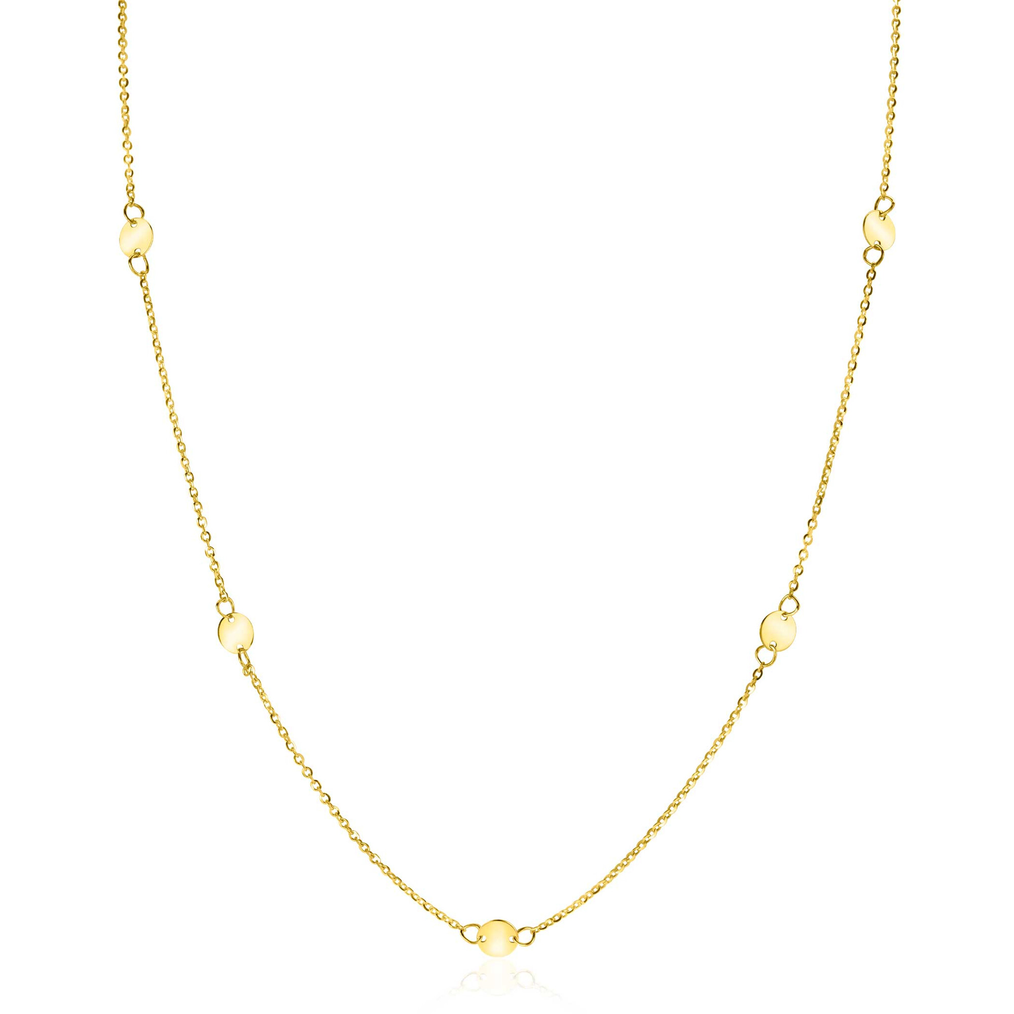 ZINZI Gold 14 krt gouden ketting met subtiele jasseron schakels en zeven ronde gladde plaatjes 5mm breed 42-45cm ZGC444
