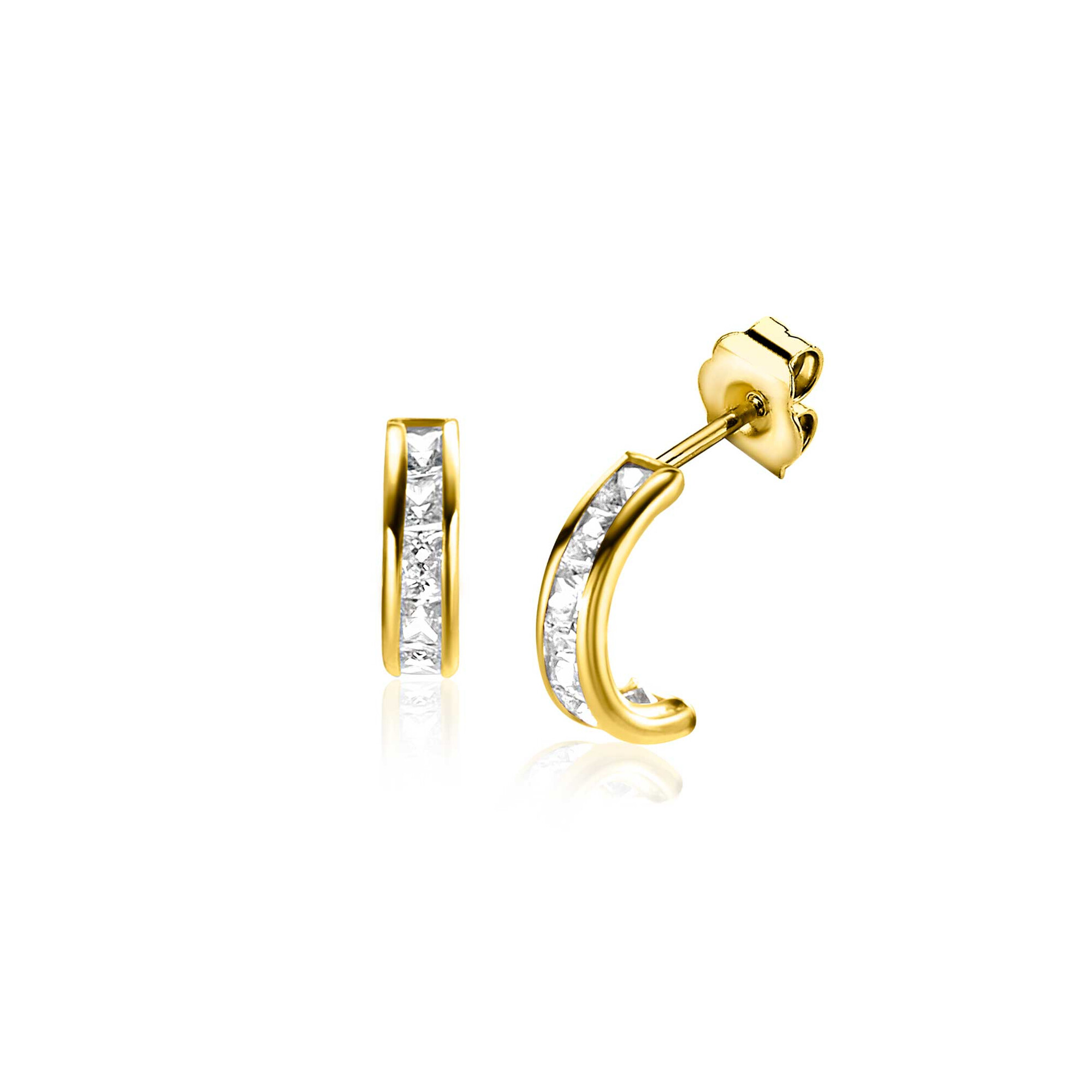 8mm ZINZI Gold 14 krt gouden halve oorringen met railzetting en princess geslepen witte zirconia's ZGO457
