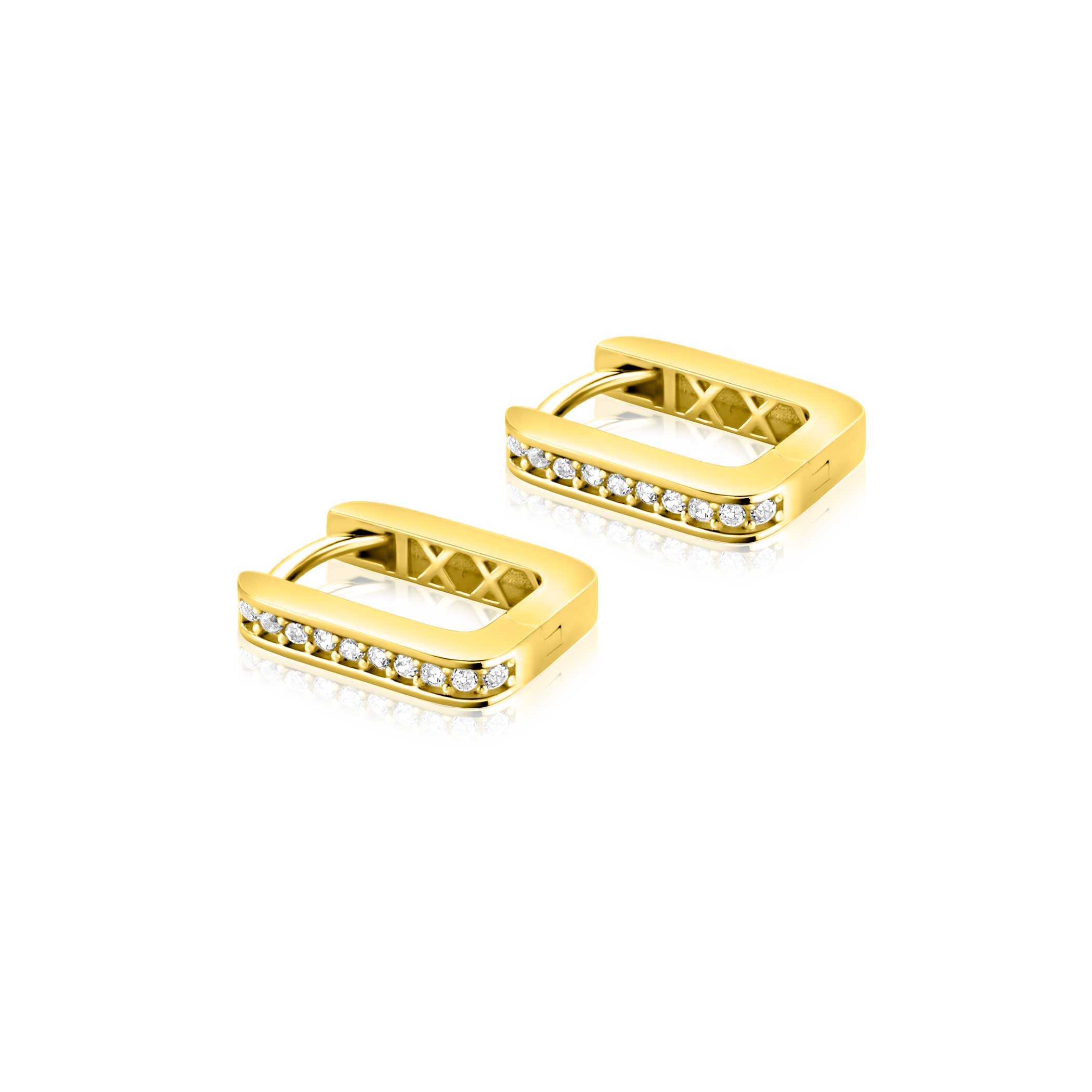 13mm ZINZI Gold 14 krt gouden rechthoekige oorringen, bezet met witte zirconia's en luxe klapsluiting 2mm vierkante buis ZGO575Z
