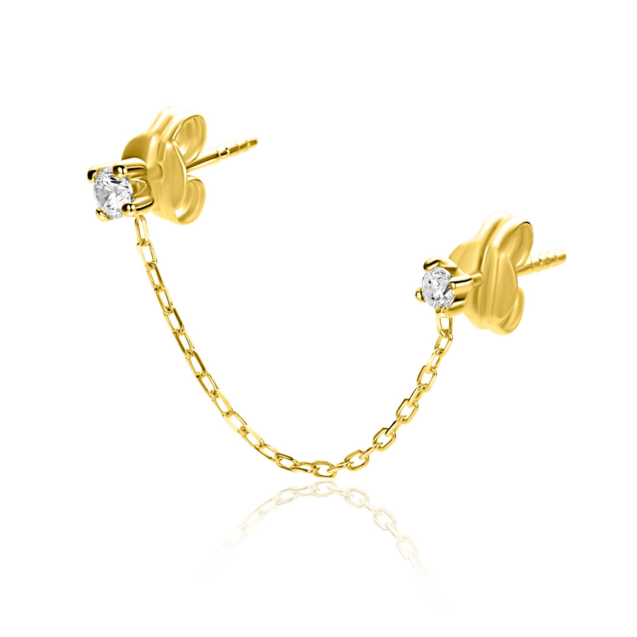 35mm ZINZI Gold 14 krt gouden dubbele oorstekers met verbonden ketting en witte zirkonia ZGO547 
