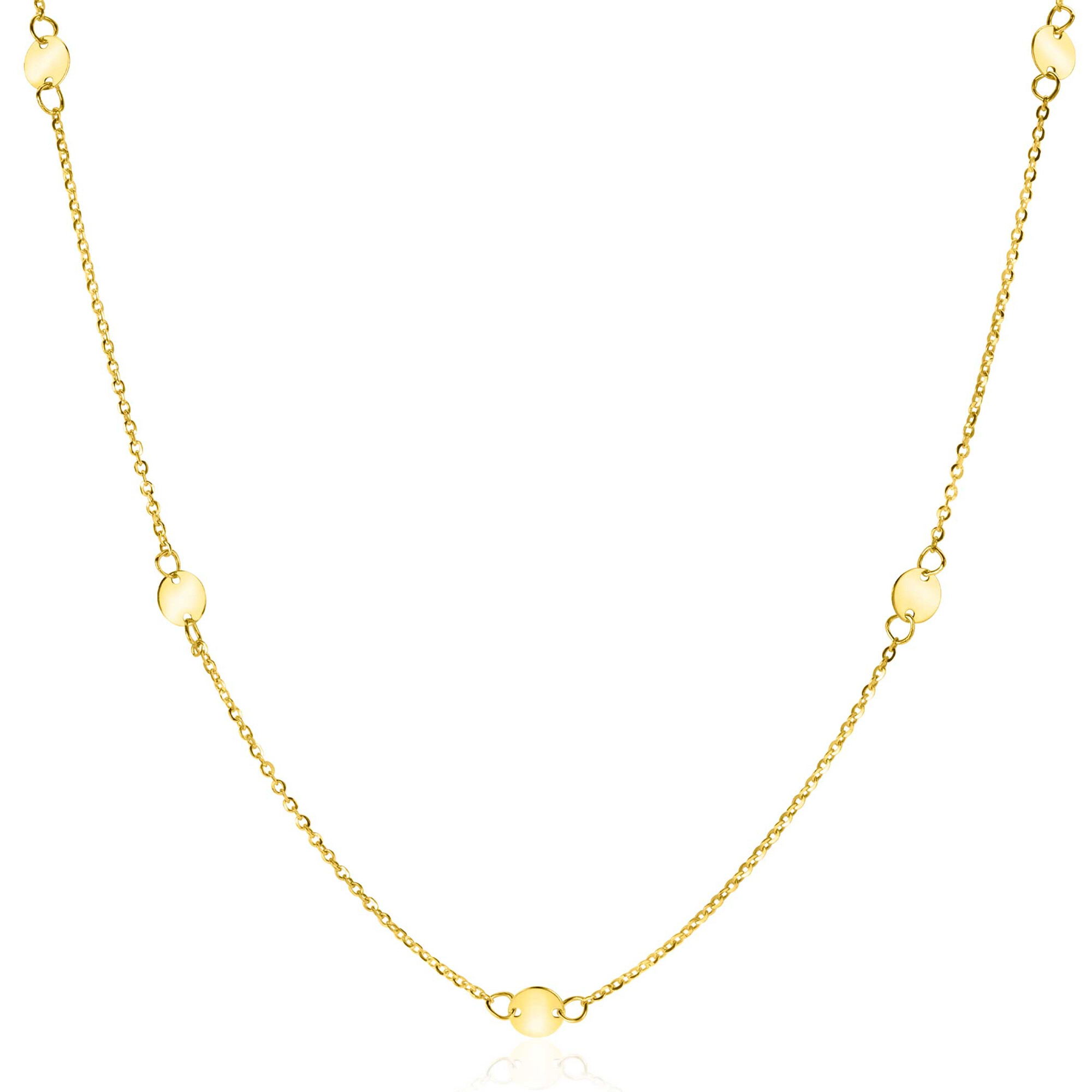 ZINZI Gold 14 krt gouden ketting met subtiele jasseron schakels en zeven ronde gladde plaatjes 5mm breed 42-45cm ZGC444
