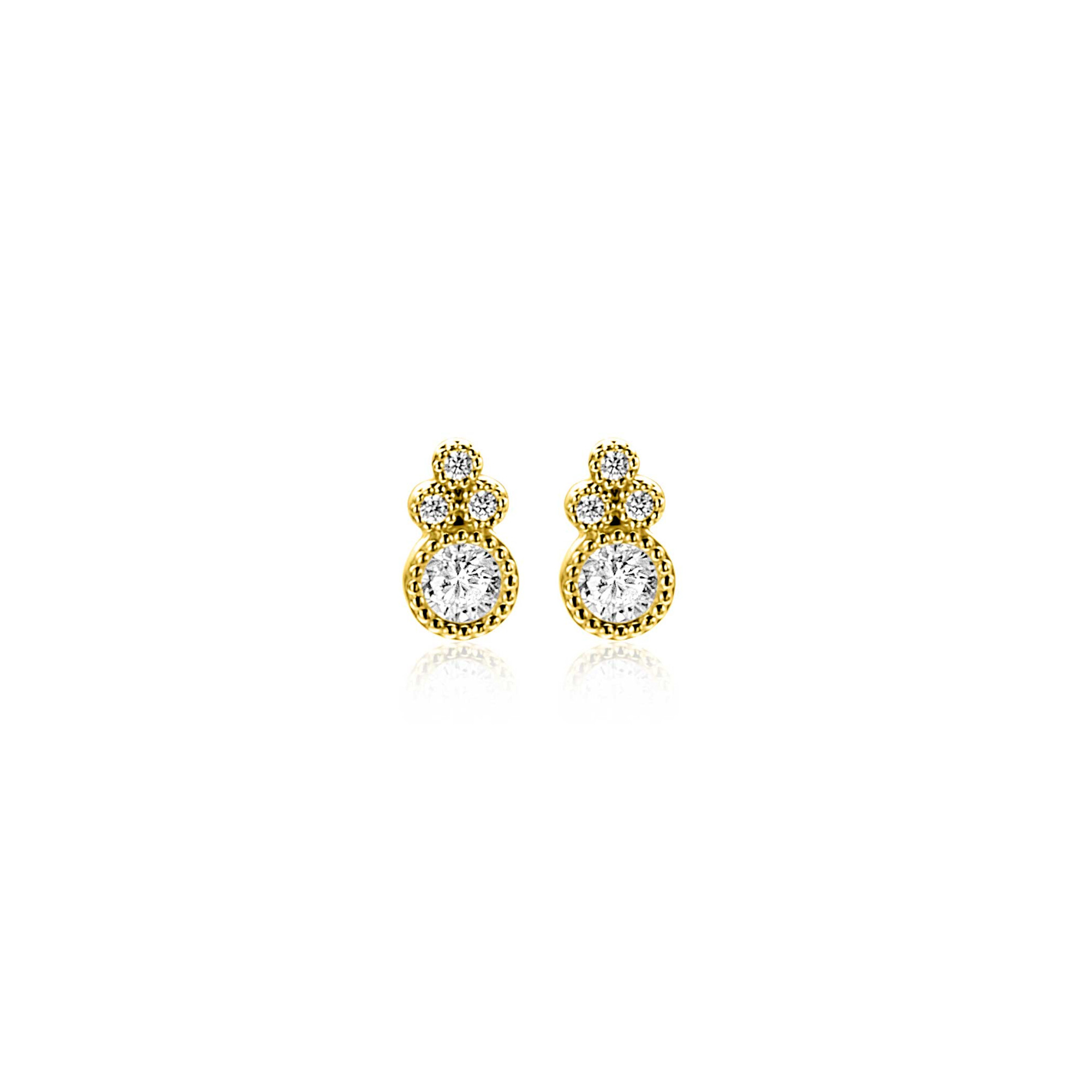 7mm ZINZI Gold 14 krt gouden fantasie oorstekers, bezet met witte zirkonia's ZGO545