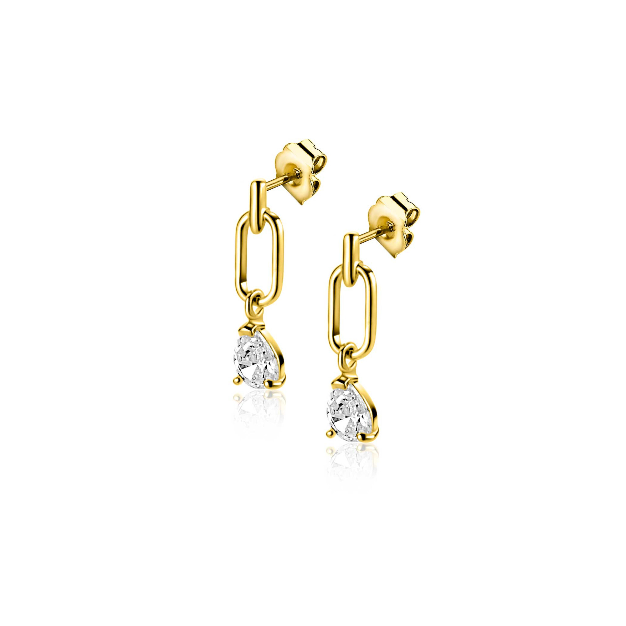 12mm ZINZI Gold 14 krt gouden oorstekers, open ovaal met peervormige witte zirkonia ZGO548