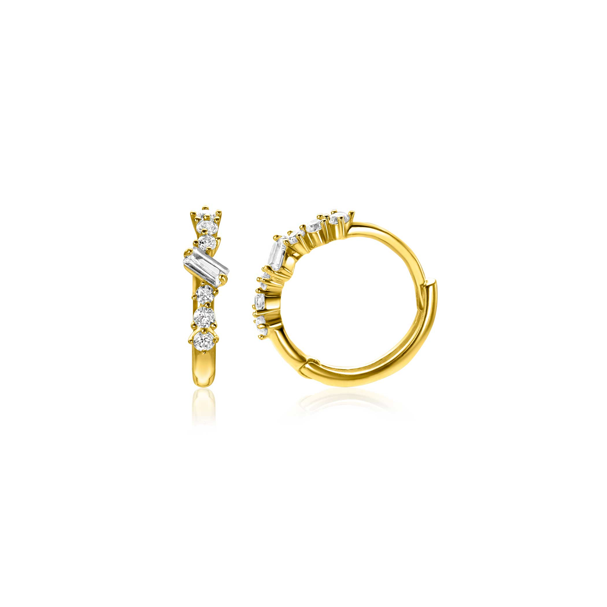13mm ZINZI Gold 14 krt gouden oorringen met rechthoekige baguette geslepen zirkonia en zes ronde witte zirkonia's, met luxe klapsluiting 13 x 2mm ZGO528