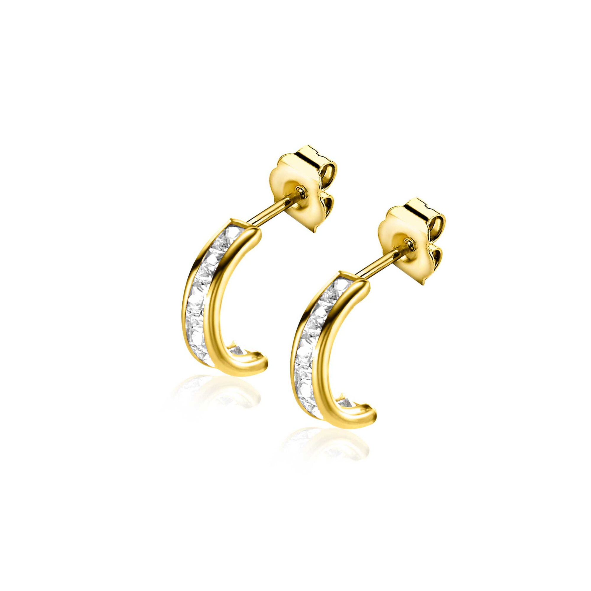 8mm ZINZI Gold 14 krt gouden halve oorringen met railzetting en princess geslepen witte zirconia's ZGO457
