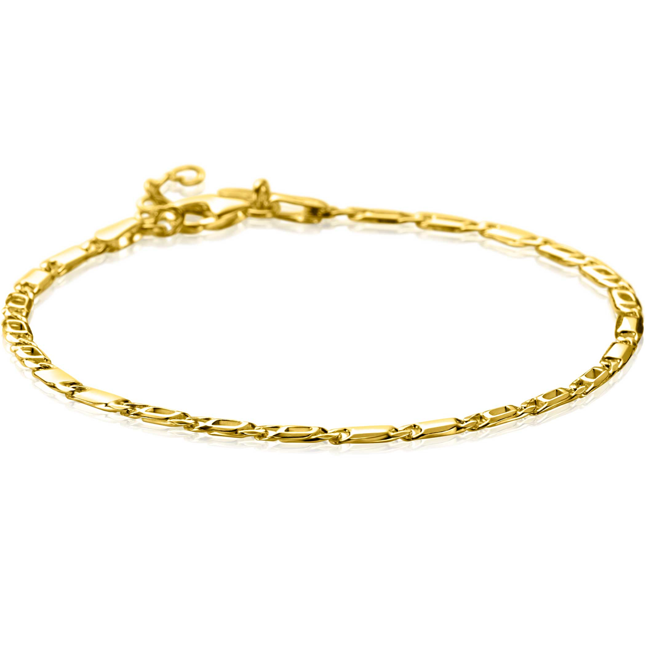 ZINZI Gold 14 karaat gouden massieve armband met valkenoog schakels en glimmende plaatjes 2,6mm breed 17-19cm ZGA499
