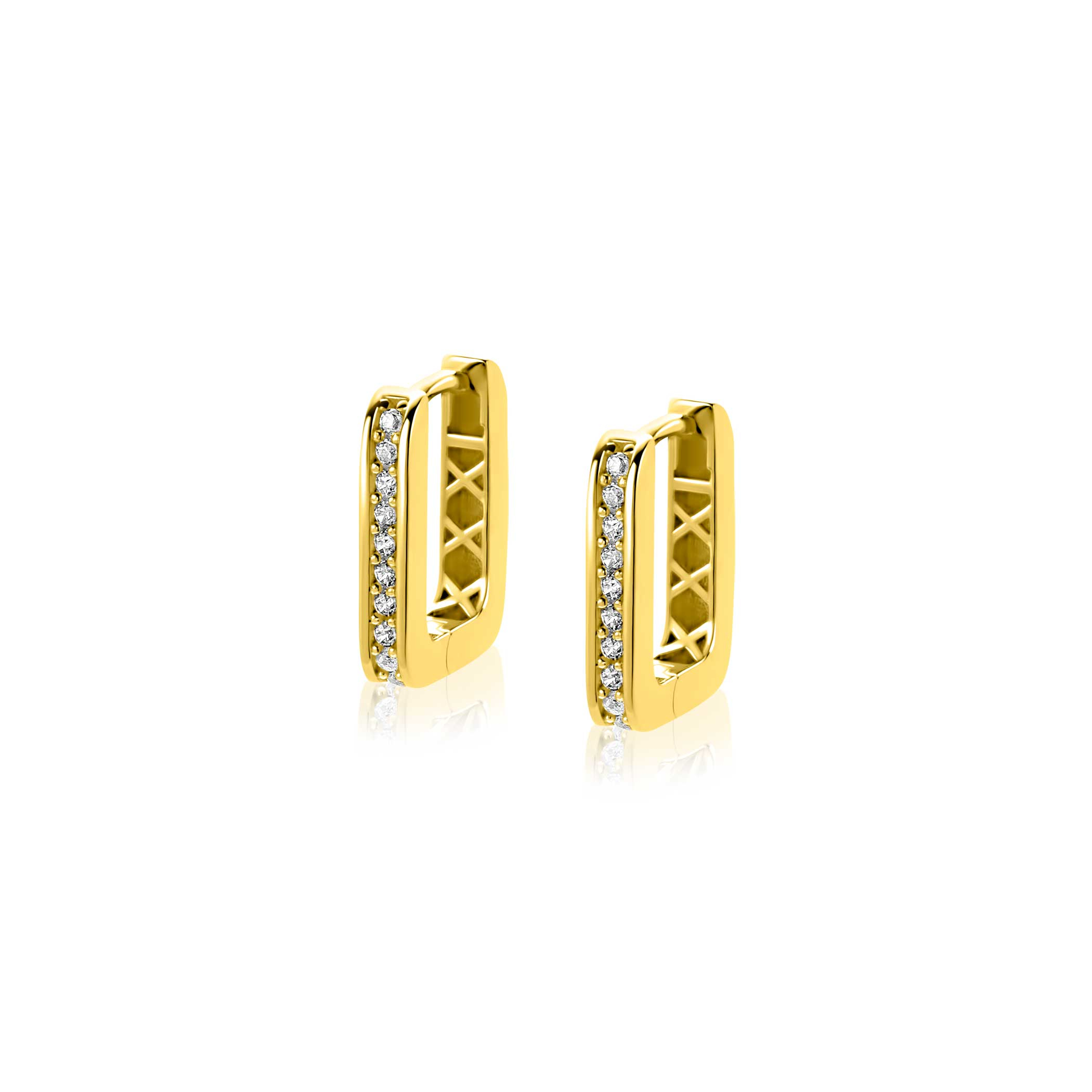 13mm ZINZI Gold 14 krt gouden rechthoekige oorringen, bezet met witte zirconia's en luxe klapsluiting 2mm vierkante buis ZGO575Z
