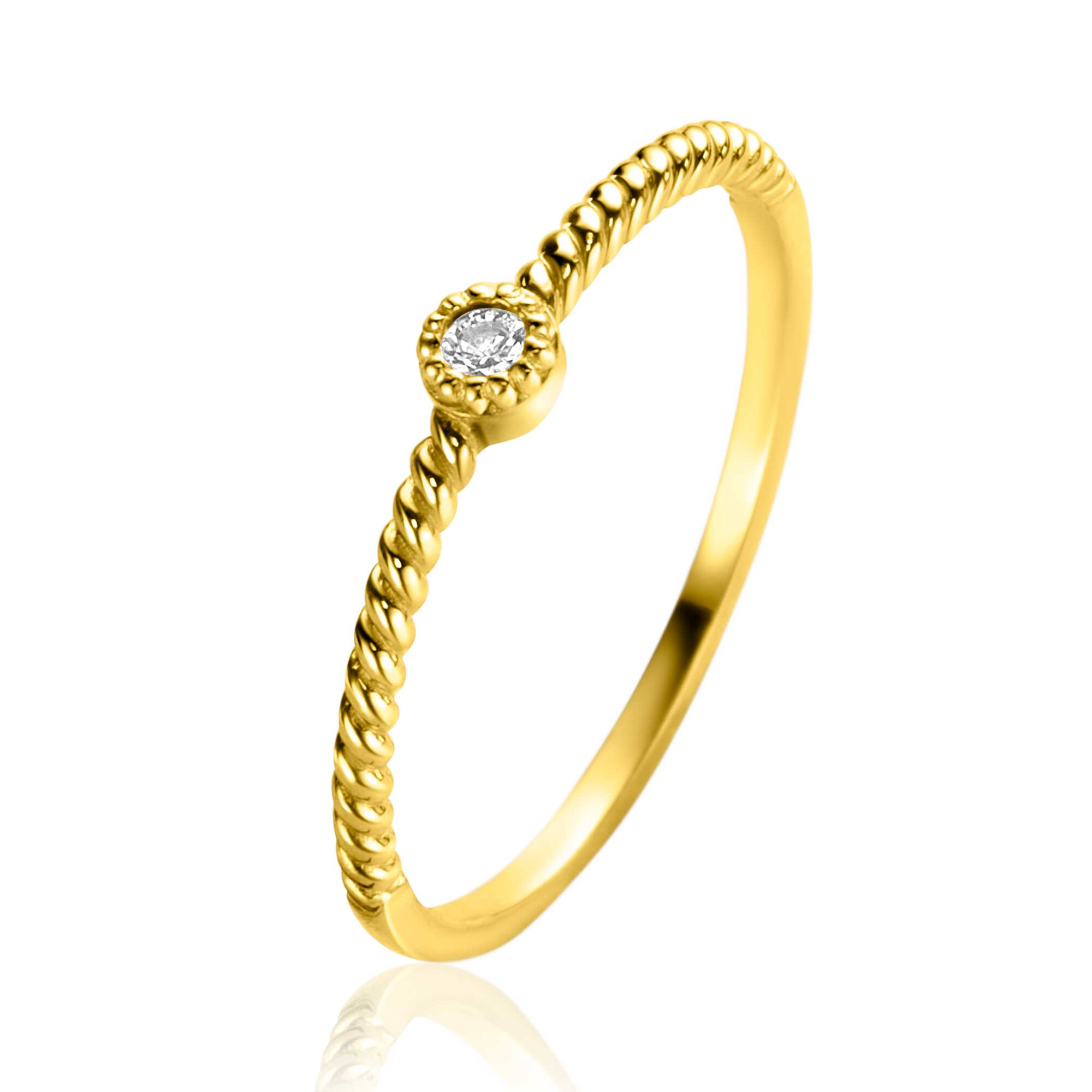 ZINZI Gold 14 krt gouden ring met gedraaide scheen en bezet met een ronde witte zirconia in bolletjes zetting van 3mm ZGR481
C