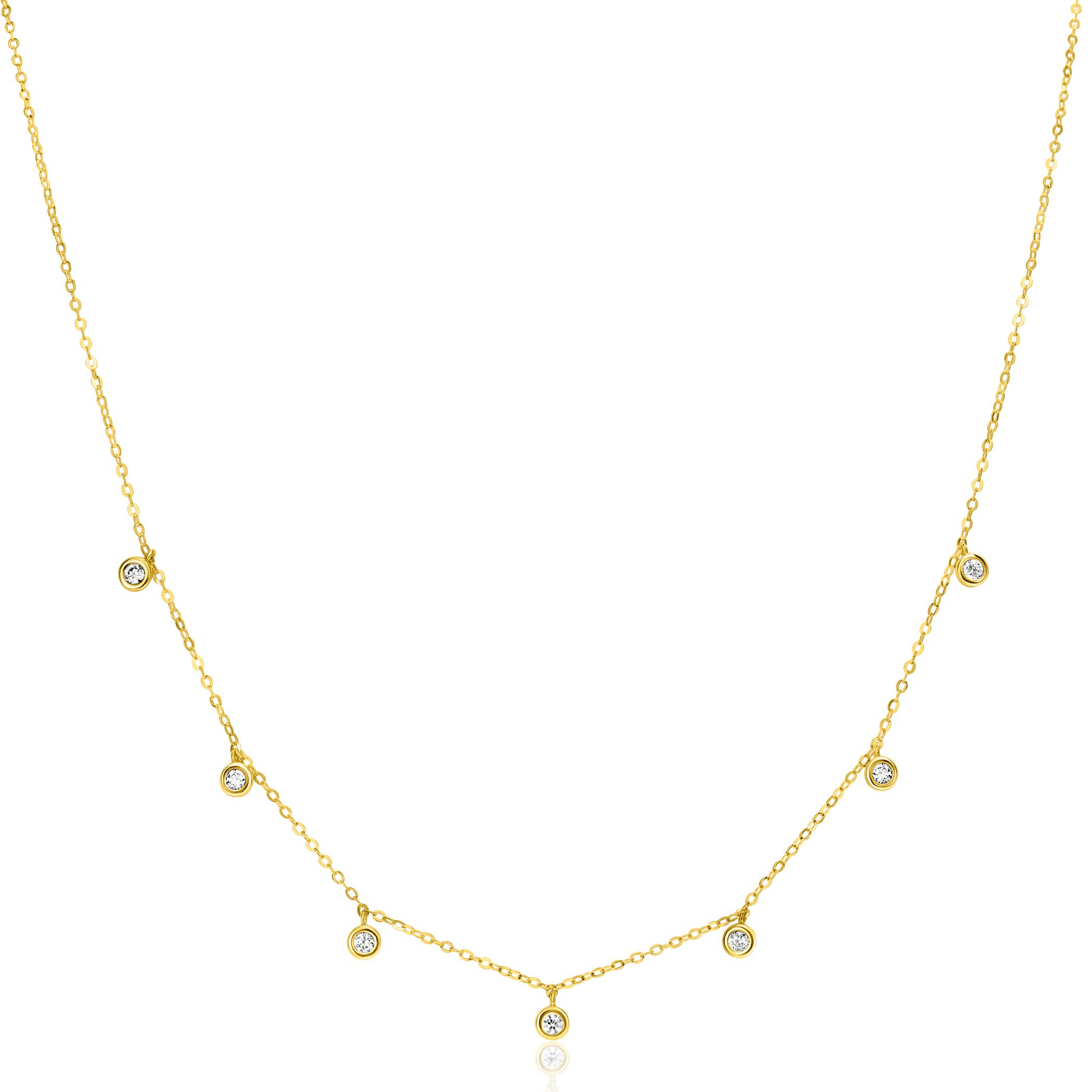 ZINZI Gold 14 krt gouden anker ketting met zeven ronde hangertjes, bezet met witte zirconia's 40-43cm ZGC451
