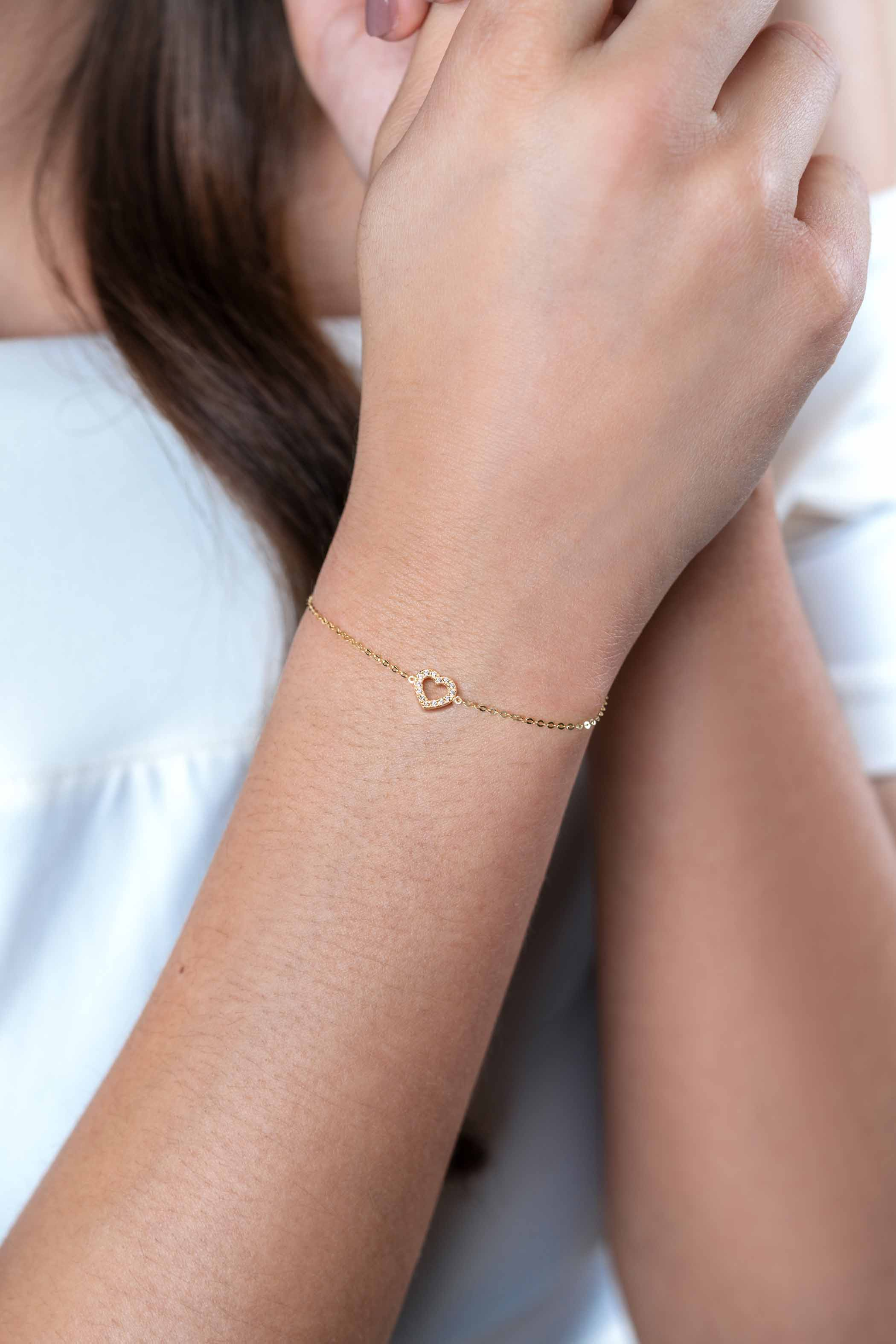 ZINZI Gold 14 krt gouden armband met sierlijk open hartje (7mm), bezet met witte zirconia's 16,5-19,5cm ZGA450
