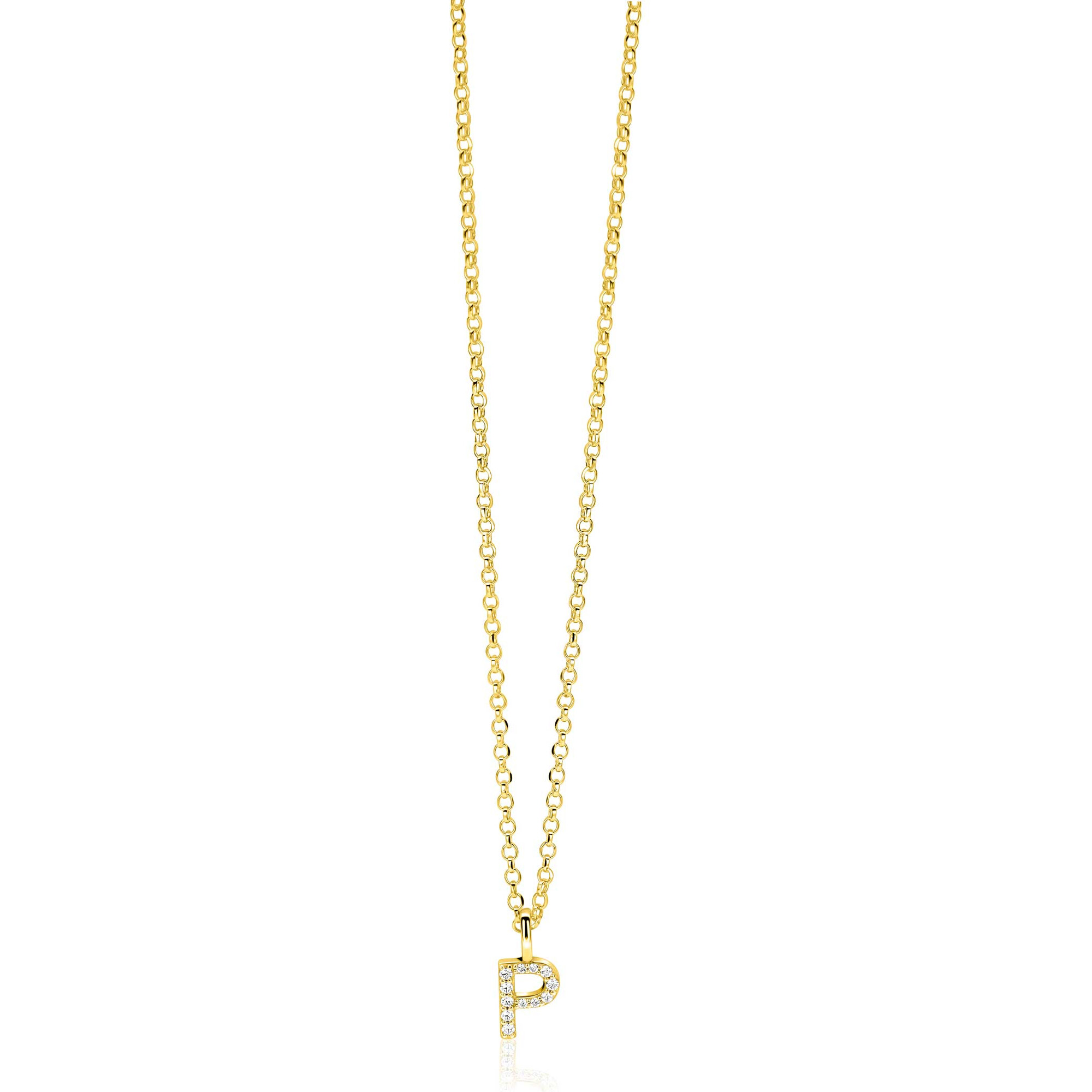 ZINZI gold plated zilveren letter hanger P bezet met witte zirkonia's ZIH2828-P (zonder ketting)