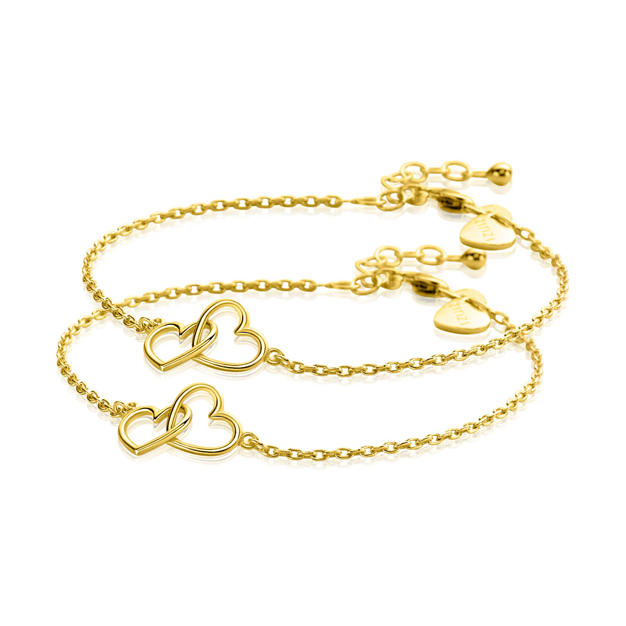 ZINZI set van 2 gold-plated zilveren armbanden met 2 verbonden hartjes 16,5-19,5cm ZIA2513G-SET