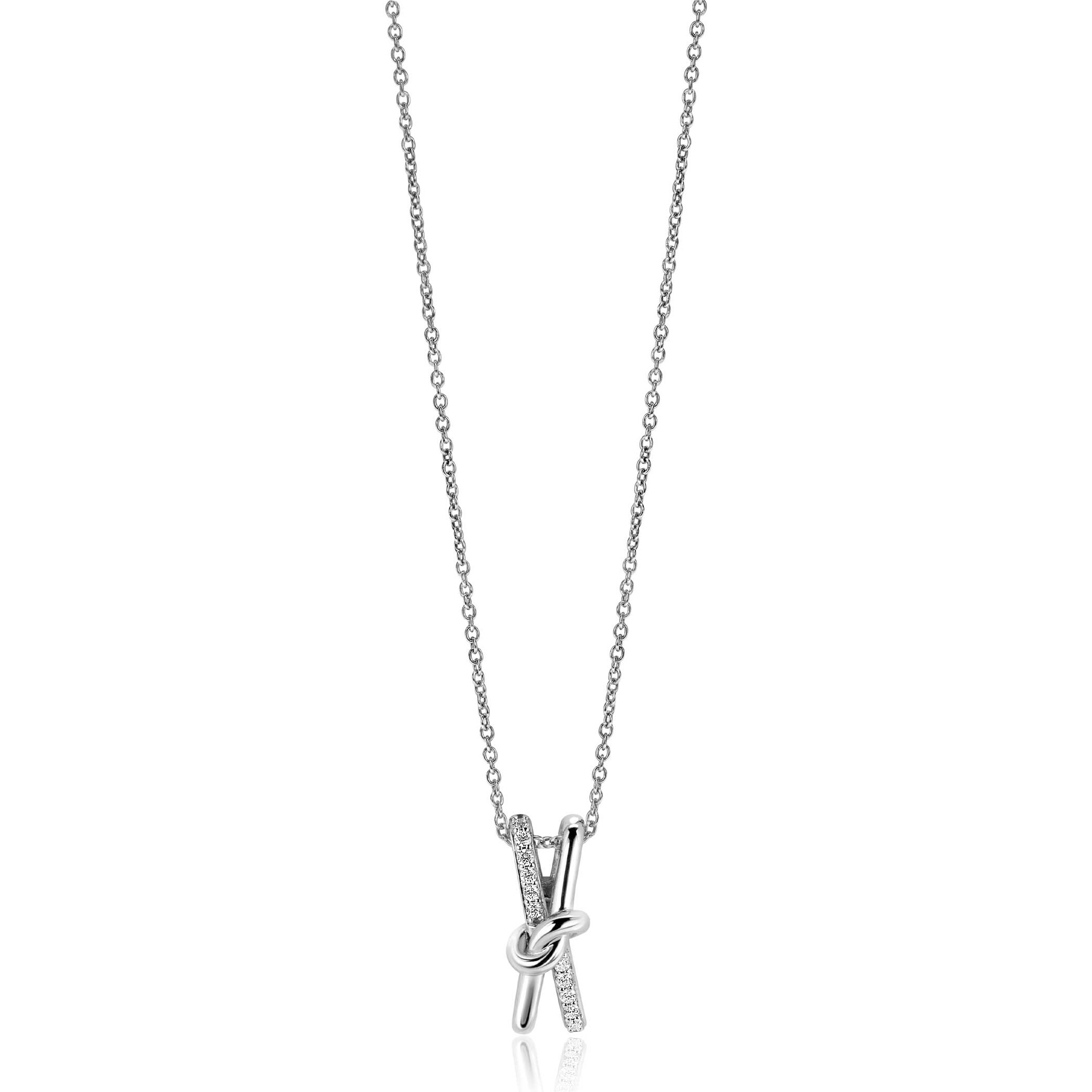 45cm ZINZI zilveren ketting met cross-over hanger 19mm met knoop, bezet met witte zirconia's ZIC2505