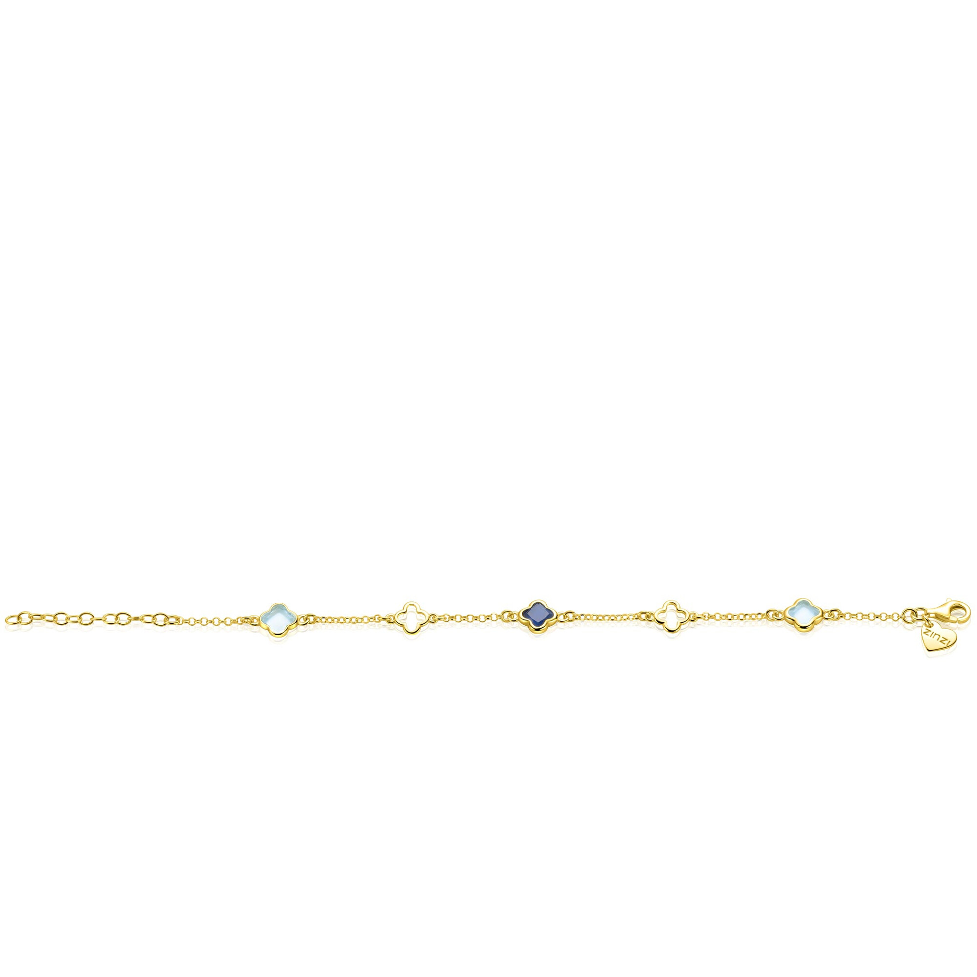 ZINZI gold plated zilveren schakel armband met twee licht blauwe klavers en een saffier klaver 17-19cm ZIA2906