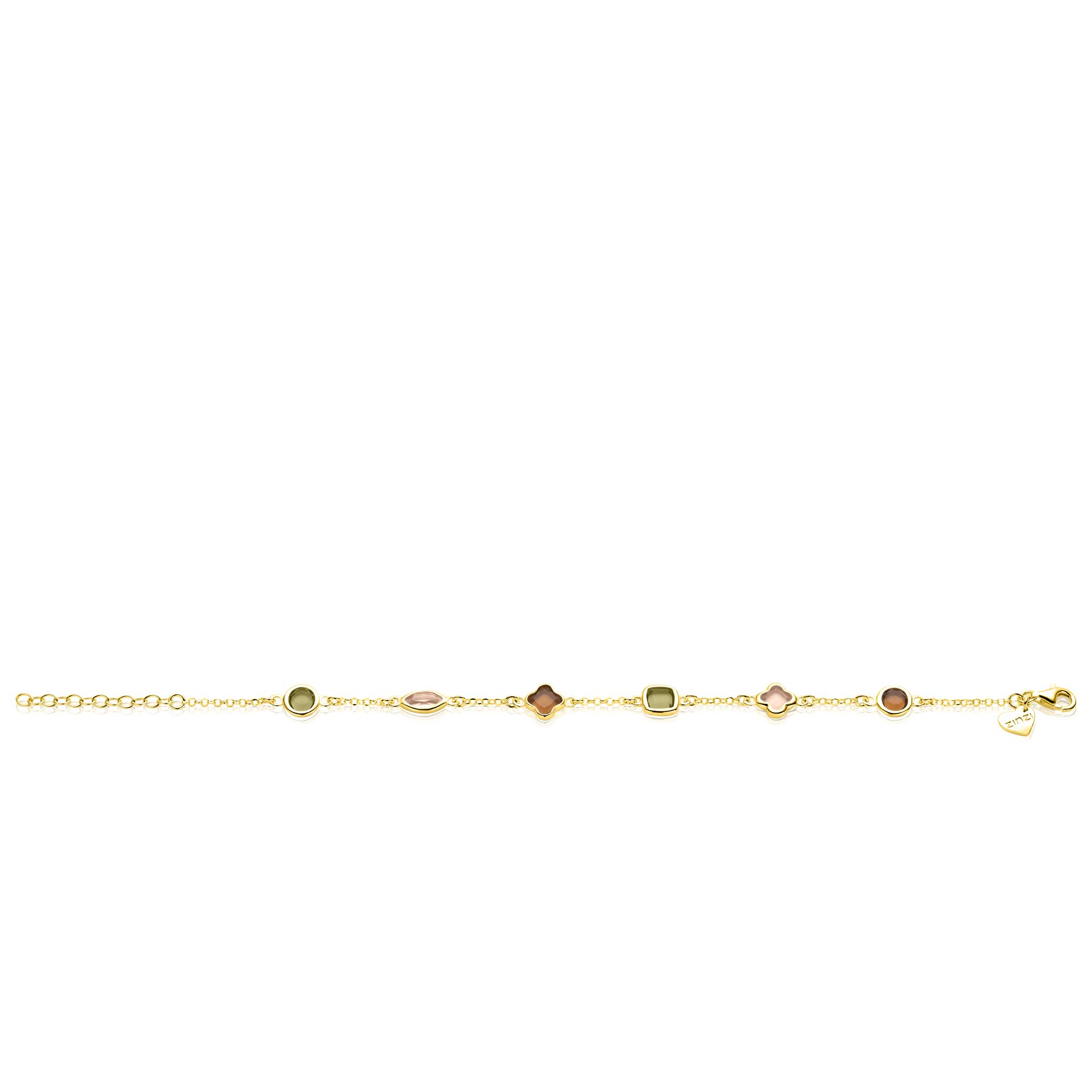 ZINZI gold plated zilveren fantasie armband met speelse vormen bruin en olijfgroen ZIA2771
