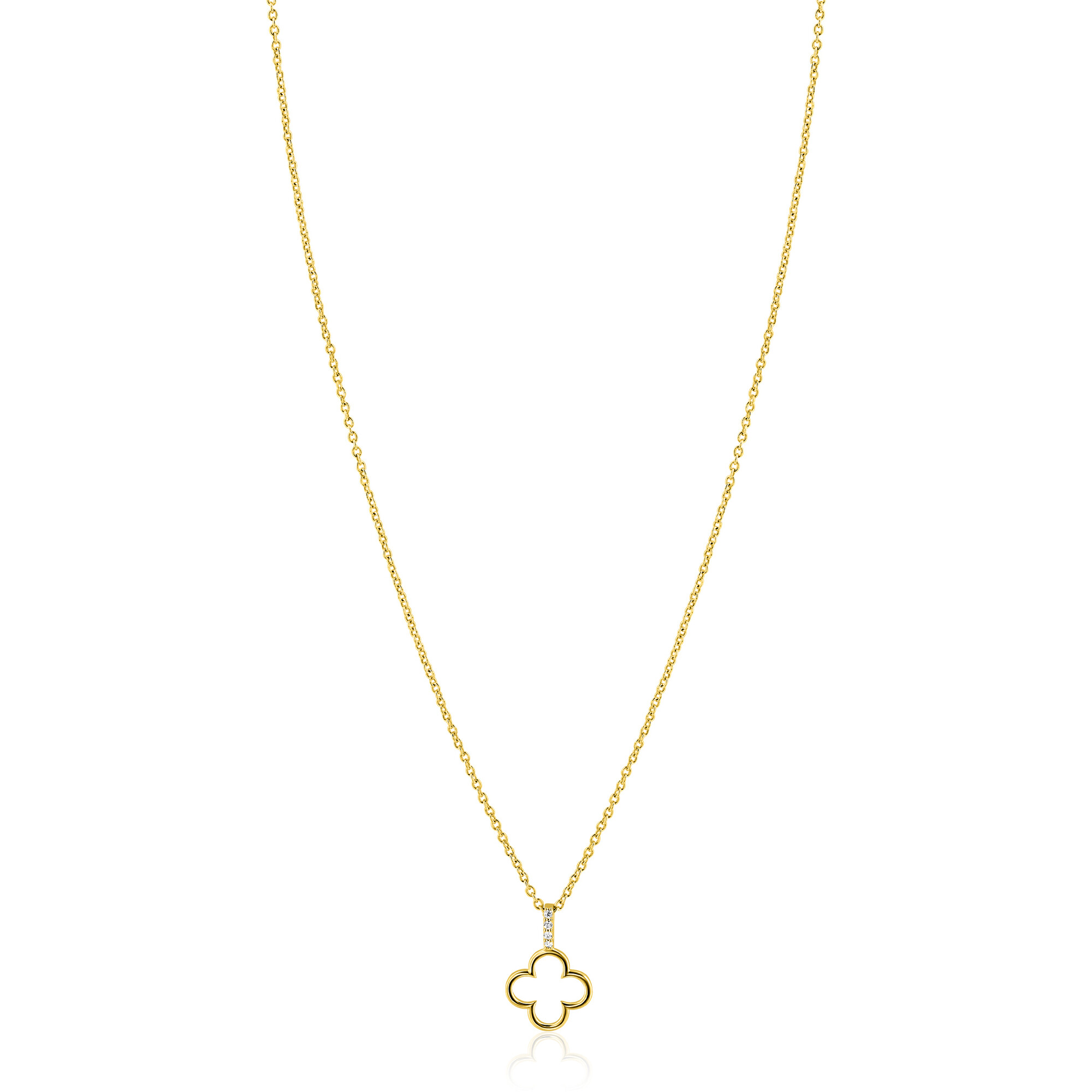 ZINZI gold plated zilveren ketting 42-45cm met open klaver hanger ZIC2743