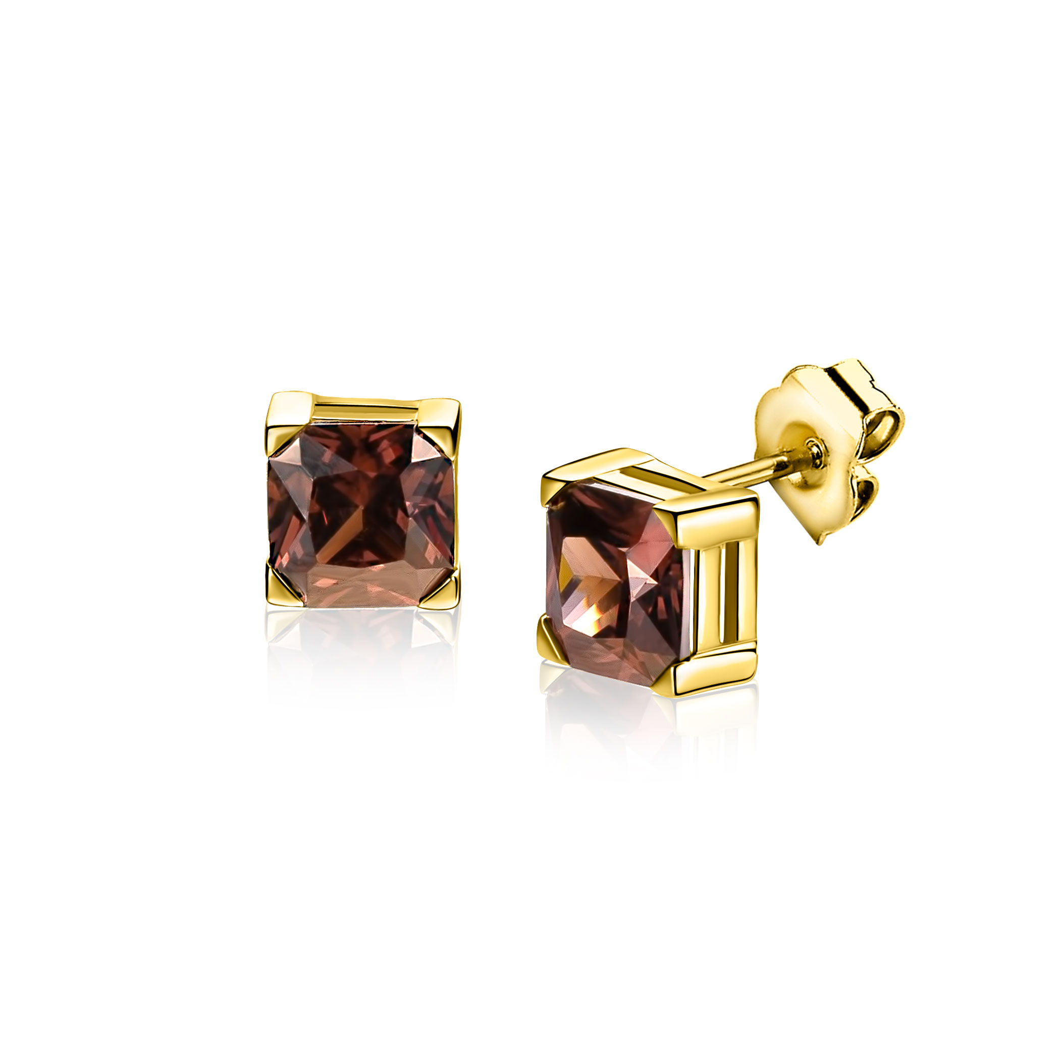 6mm ZINZI gold plated zilveren oorknoppen met vierkante bruine zirkonia ZIO-BF141
