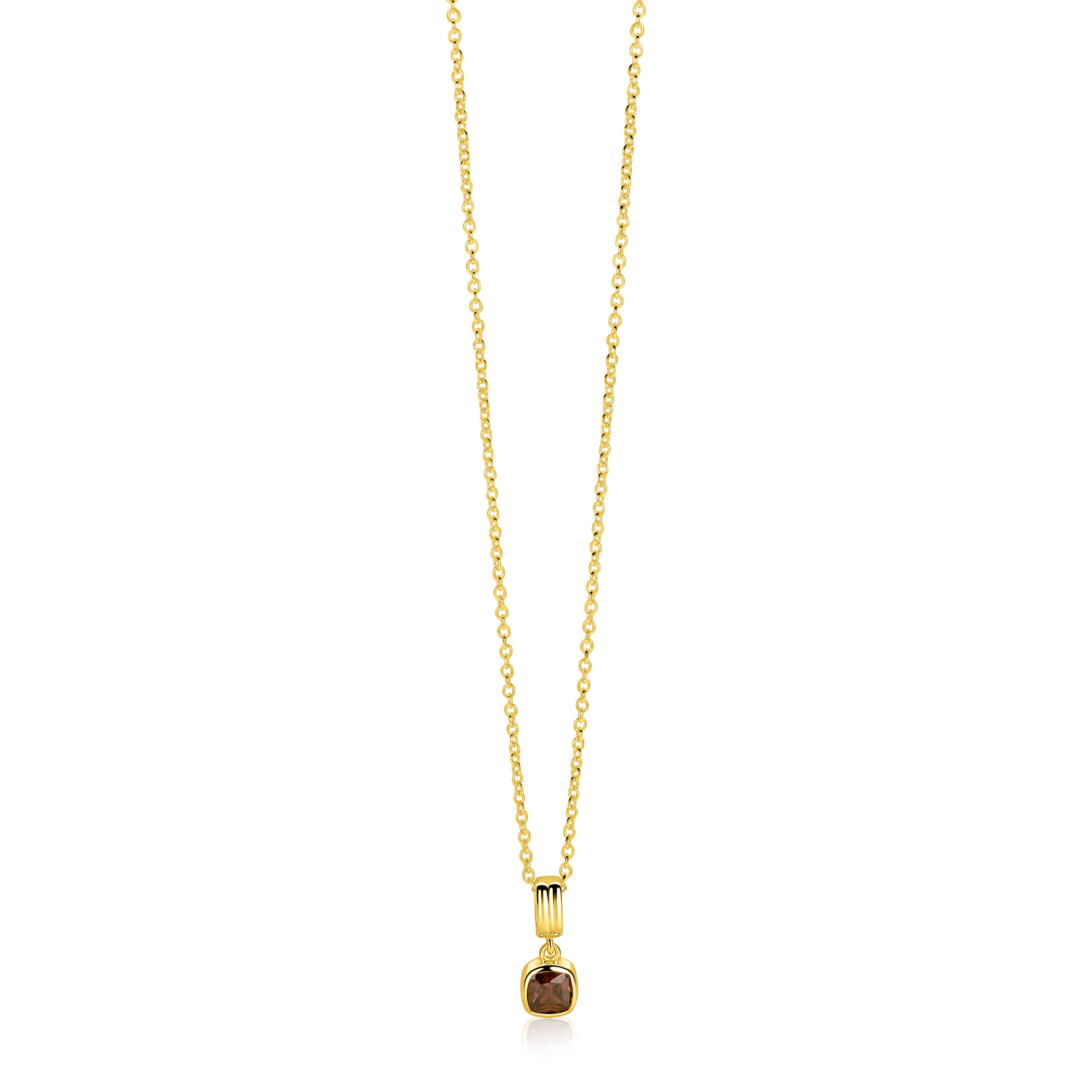 ZINZI gold plated zilveren ketting met strakke hanger bezet met vierkante bruine zirkonia 6mm 42-45cm ZIC-BF154
