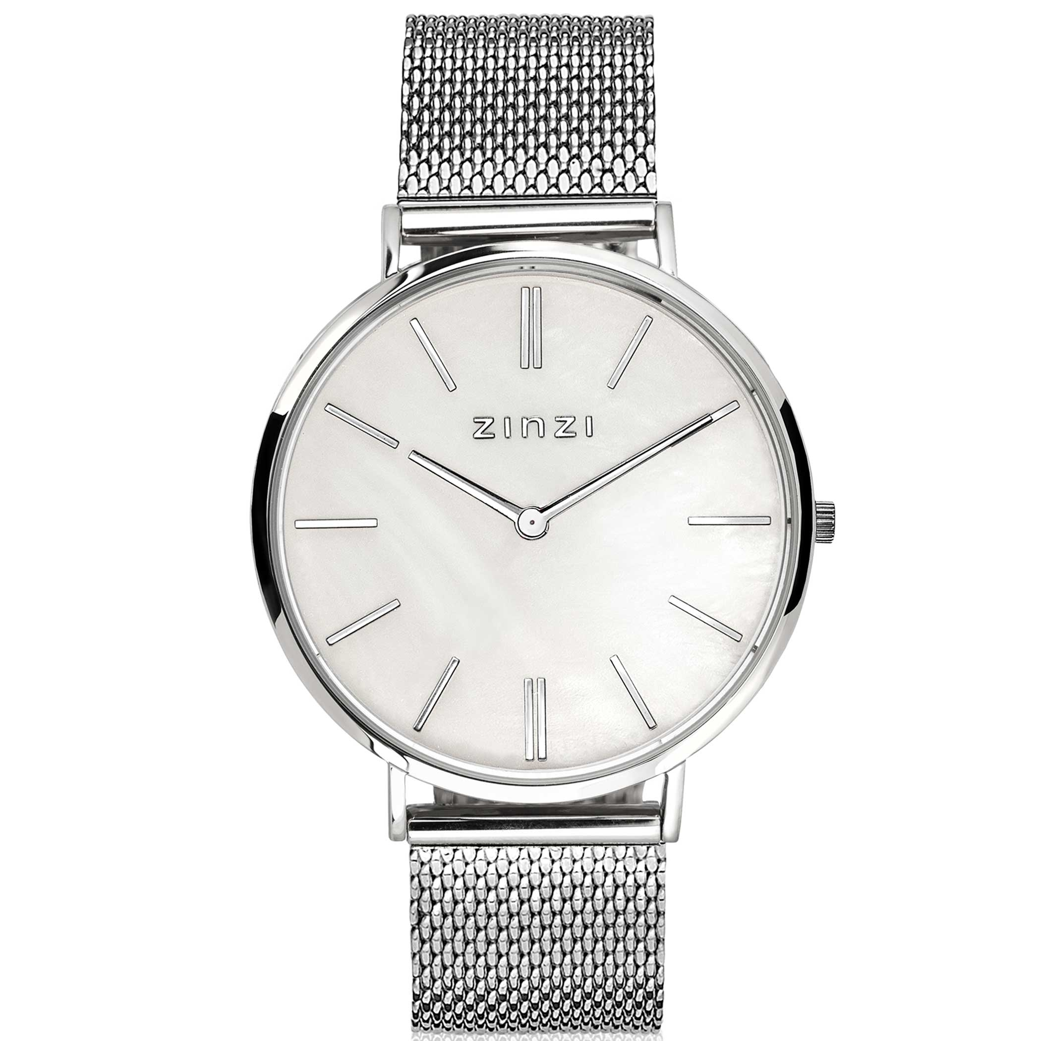 Zinzi Retro horloge witte parelmoer wijzerplaat met zilverkleurige wijzers en stalen mesh band 38mm extra dun ZIW417M

