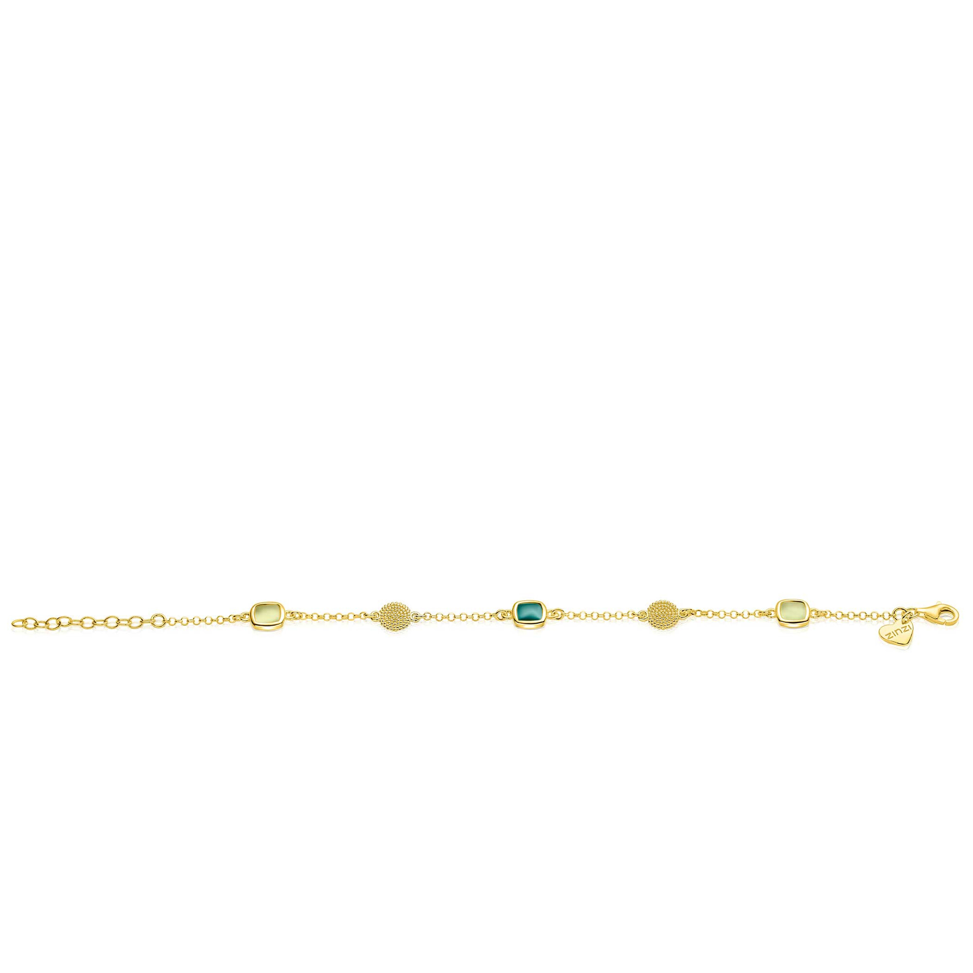 ZINZI gold plated zilveren armband met drie vierkante kleurstenen in zachte groentinten, afgewisseld met ronde structuurelementen ZIA2904