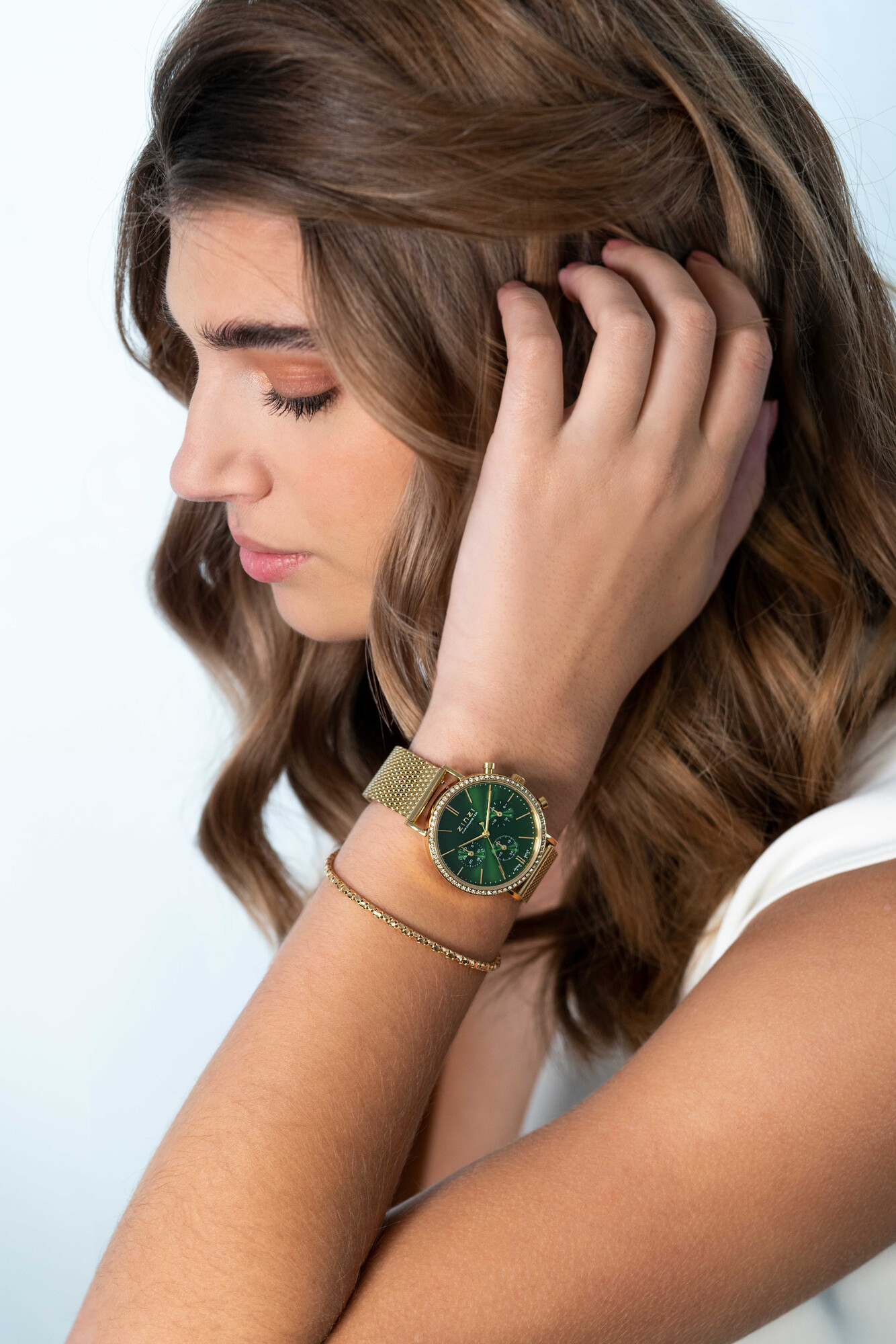 ZINZI horloge CHRONOGRAPH 36mm stopwatch groene wijzerplaat, geelgoudkleurige stalen kast met crystals, geelgoudkleurige stalen mesh band 18mm ZIW1635
