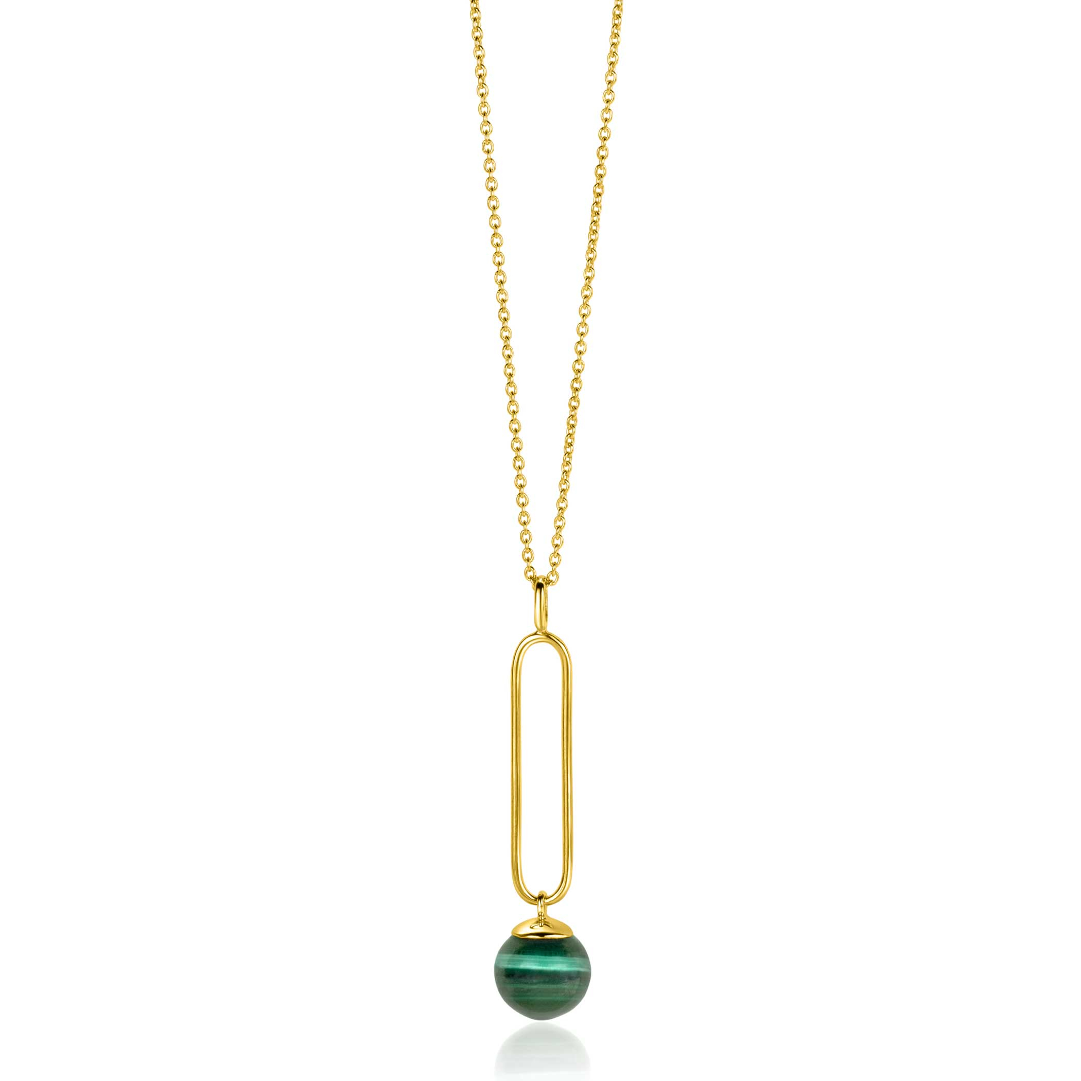 ZINZI gold plated zilveren ketting met lange ovale hanger en bungelende groene cateye in bolvorm 40-45cm ZIC2420