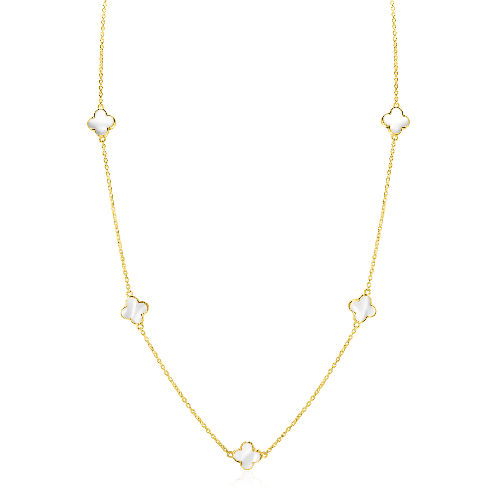 ZINZI gold plated zilveren ketting met vijf klavers 11mm in parelmoer 42-45cm ZIC-BF153
